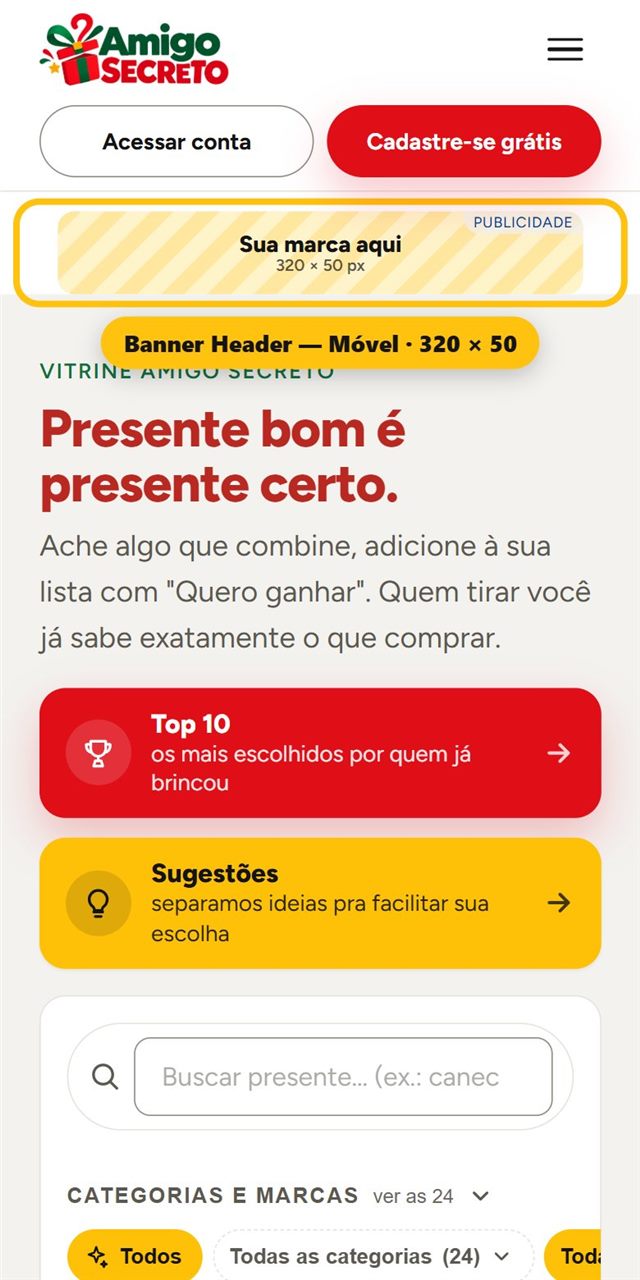 Banner de 320 por 50 no topo do site no celular